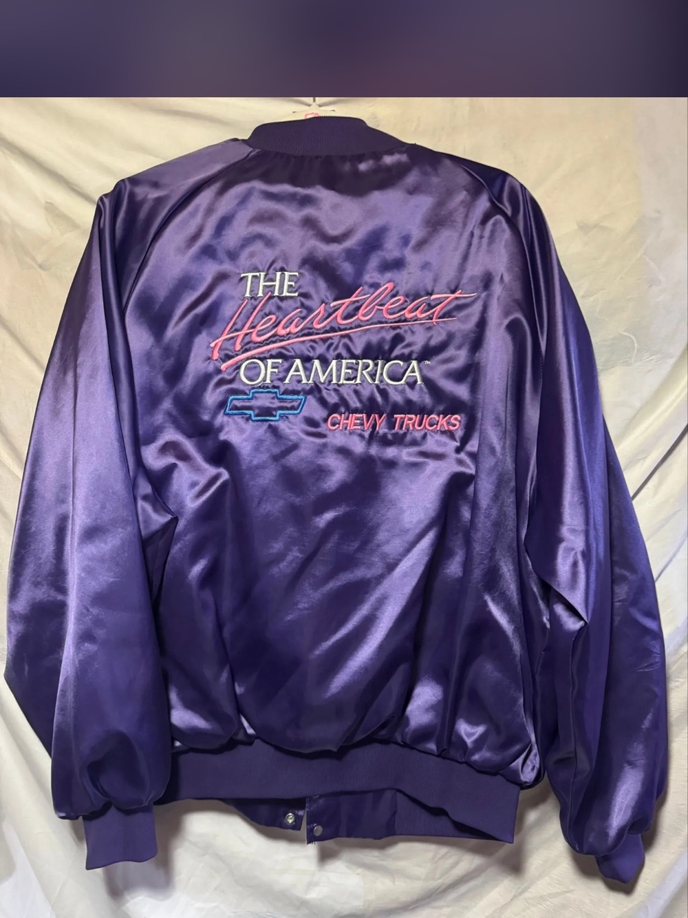 Vintage Chevy Trucks Purple Satin Bomber Jacket - The Heartbeat of America